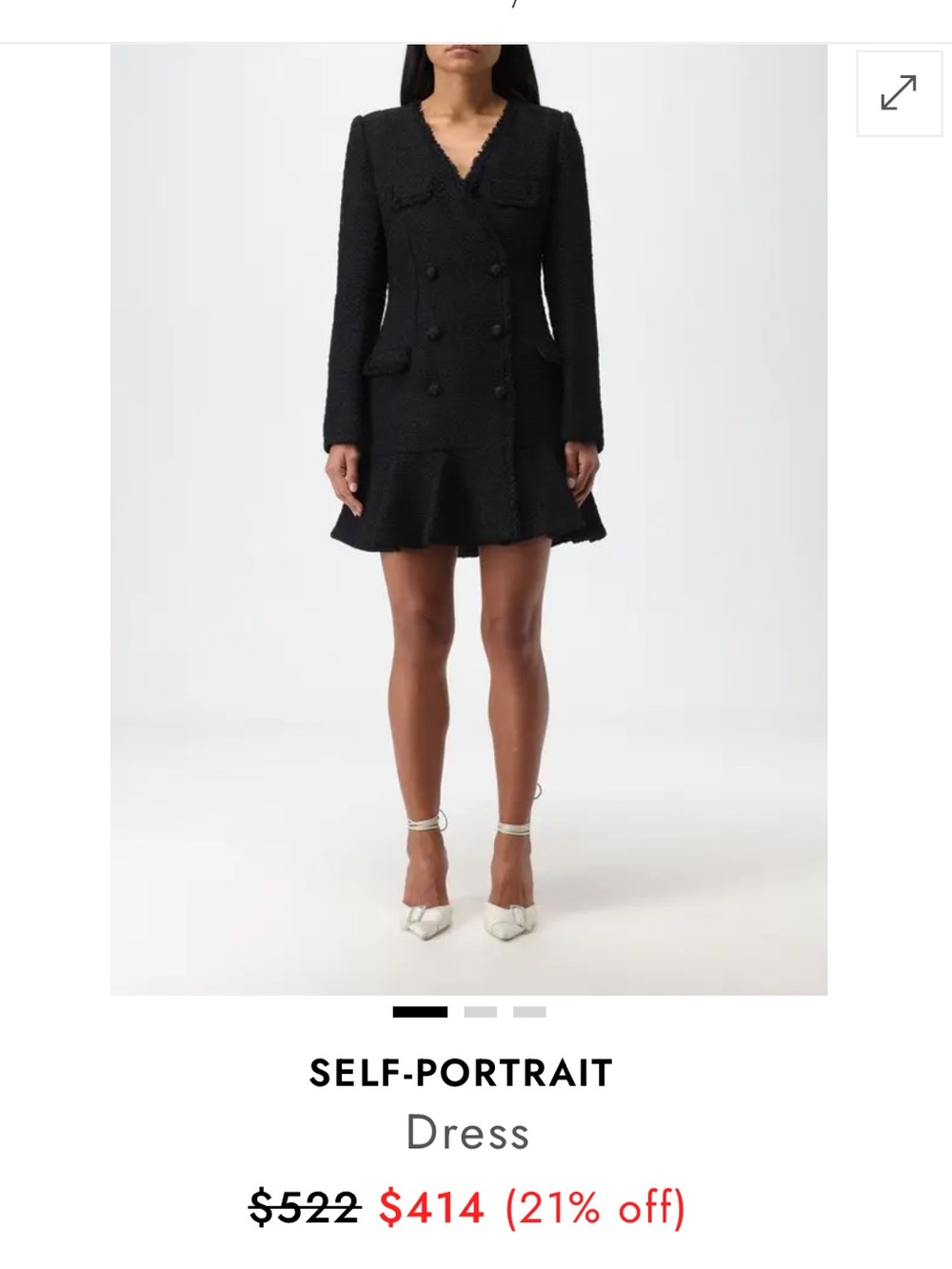 Self-Portrait Black Double-Breasted V‑Neck Tweed Mini Dress